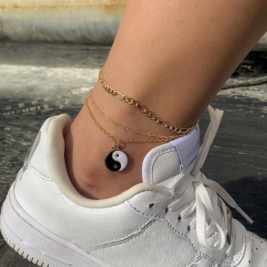 Jewelry Retro Simple Drip Oil Tai Chi Anklet Fashion Personality Metal Chain Foot Decoration Set