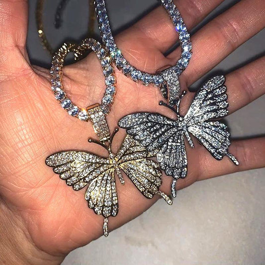 Cuban Butterfly Necklace Rhinestone Butterfly Pendant Necklace Hip Hop Jewelry tennischoker