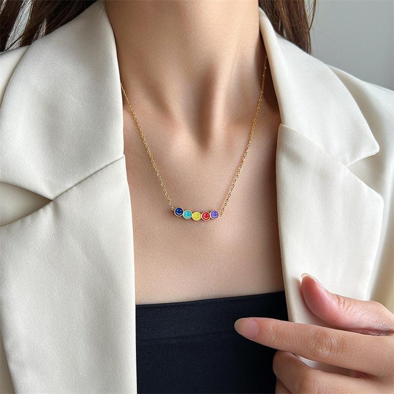 Small and colorful mini smiley necklace women's titanium steel cute rainbow smiley face does not fade high-end niche