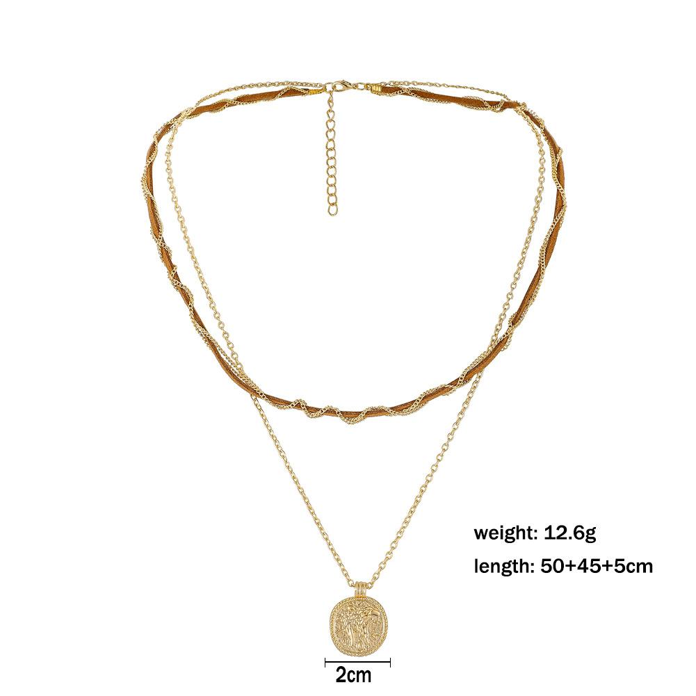 Ins simple personality double-layer suede rope chain winding coin pendant necklace clavicle chain female