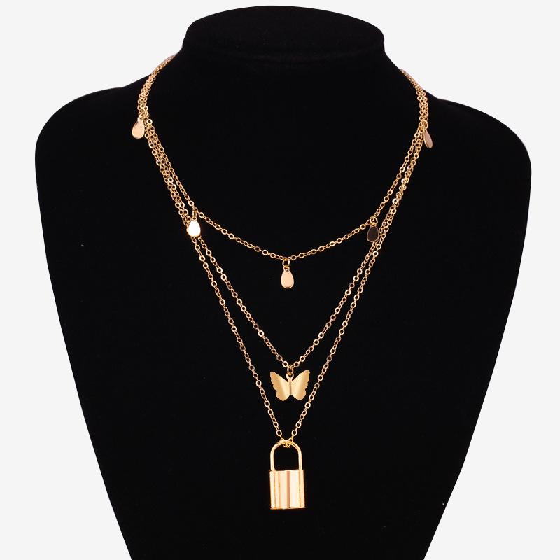 Retro fashion multi-layered simple butterfly small lock pendant necklace ins clavicle chain jewelry