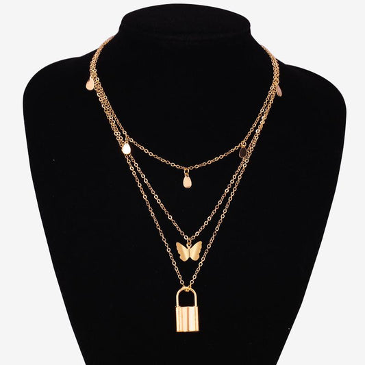 Retro fashion multi-layered simple butterfly small lock pendant necklace ins clavicle chain jewelry