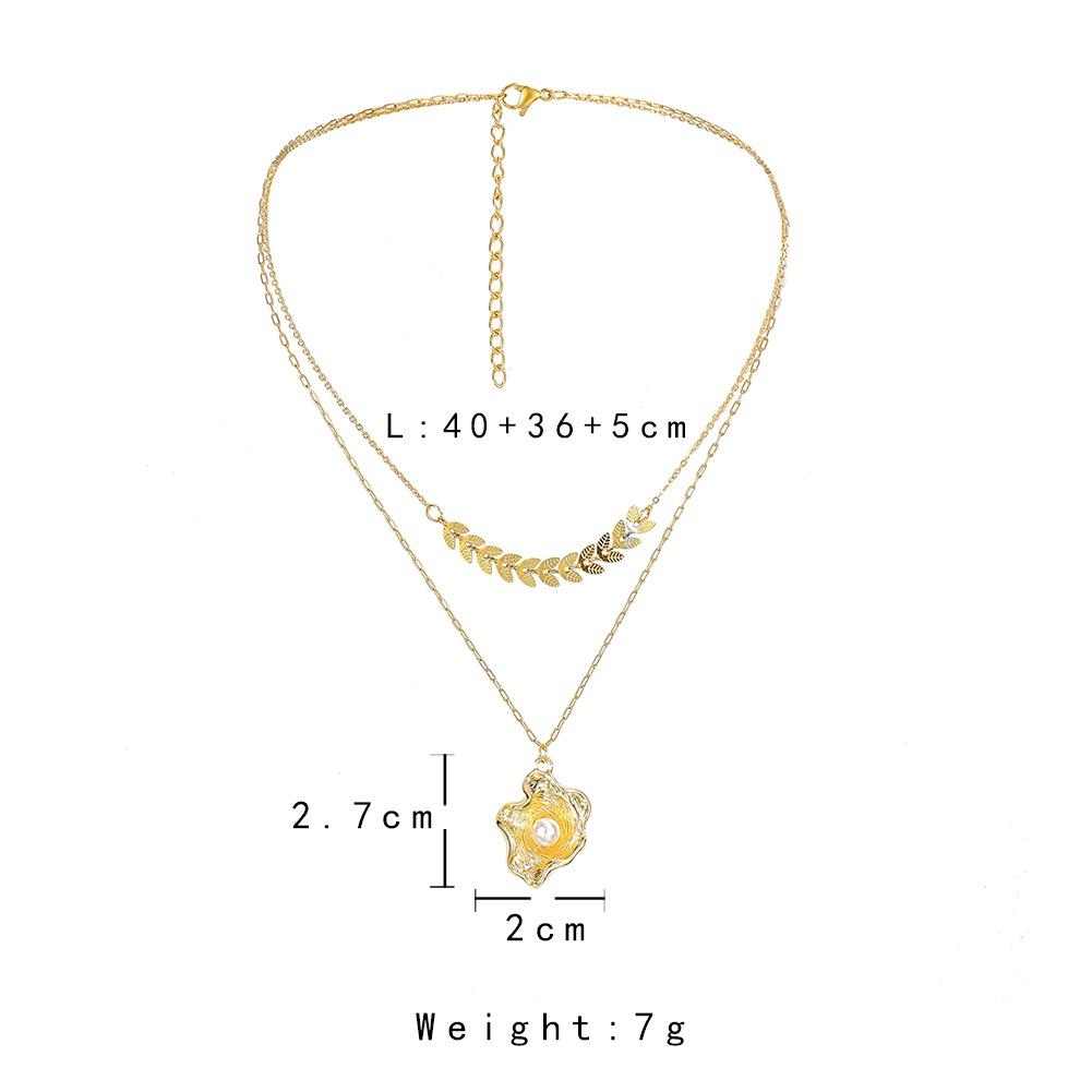 Fashionable Titanium Steel Gold-plated Baroque Pearl Shell Pendant Elegant Small Fragrant Wheat Ears Double Layer Necklace