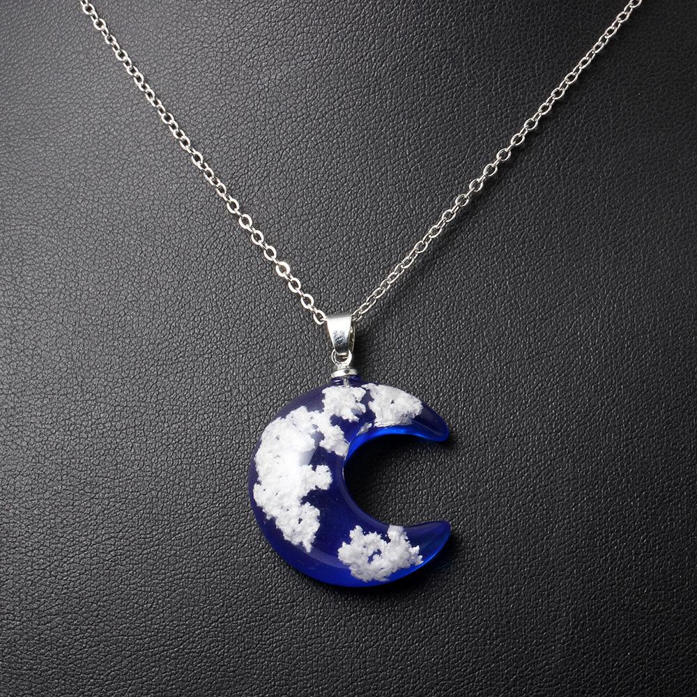 ETSY creative fashion handmade jewelry blue sky white cloud forest transparent blue moon resin pendant necklace