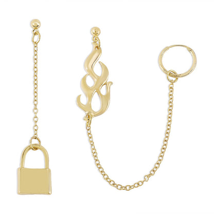 E1431 Light Luxury Geometric Asymmetrical Earrings Long Chain Lock Flame Element Sweet Cool Earrings For Women