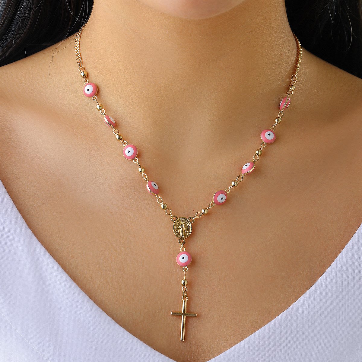 Jewelry Retro Ethnic Eye Chain Necklace Female Personality Portrait Embossed Cross Necklace