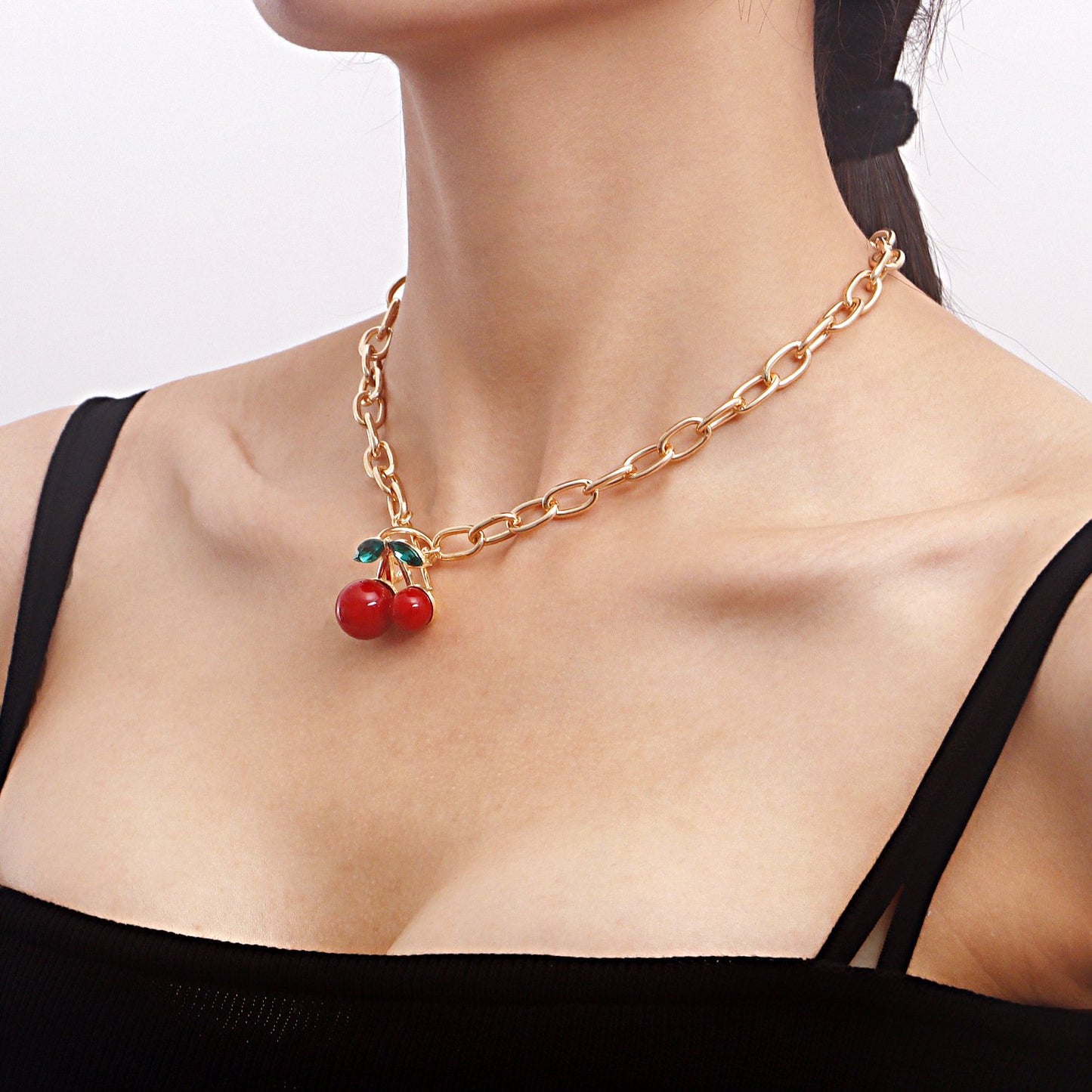 Jewelry y2k geometric exaggerated thick chain big red cherry pendant necklace female explosive necklace