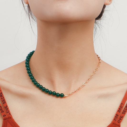Jewelry simple stitching half round green agate beaded necklace female creative trend personality necklace