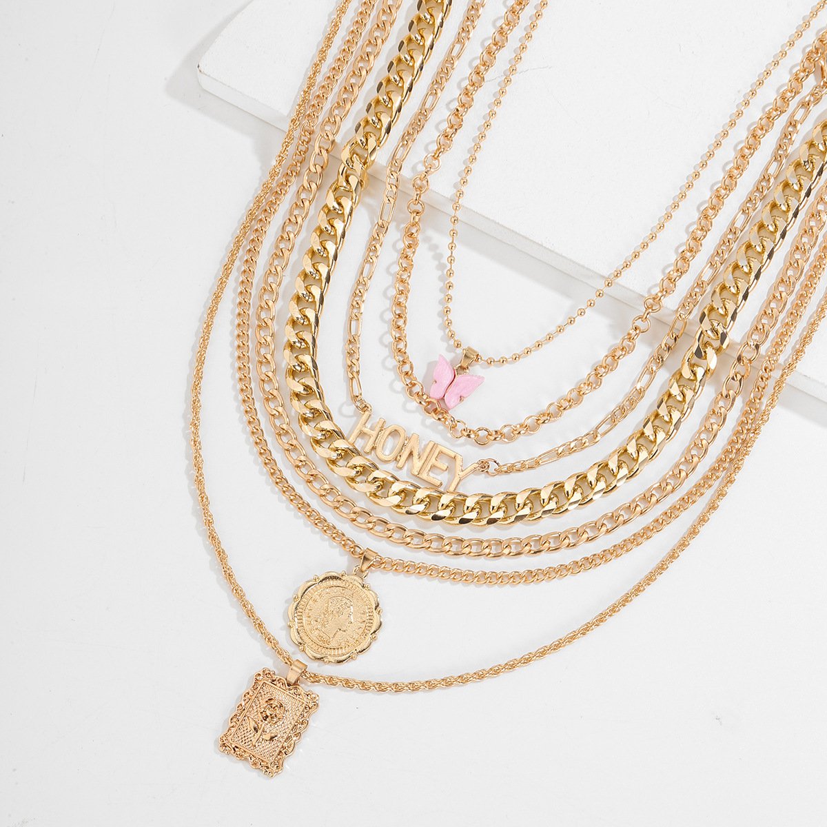 Fashion Jewelry Personality Simple OT Buckle Multilayer Necklace Hip Hop Retro Metal Butterfly Necklace Female