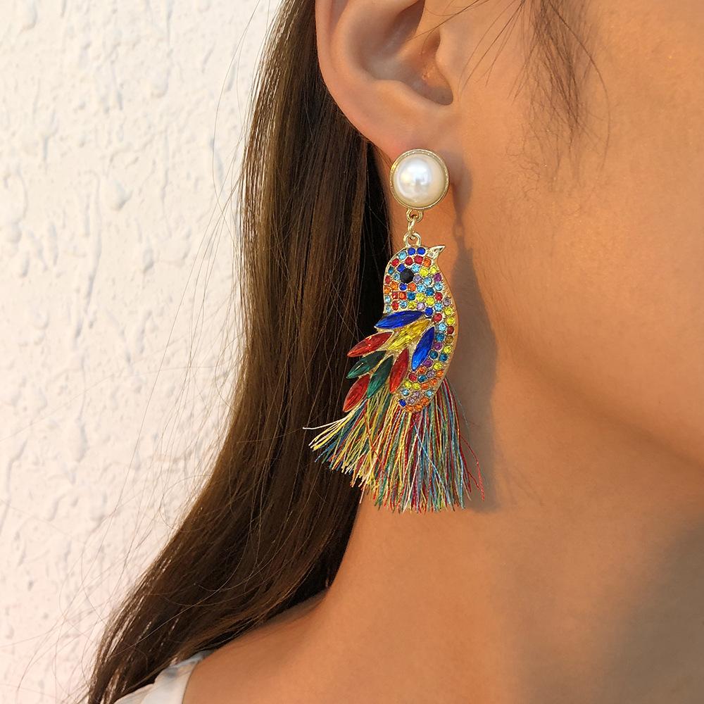 E1172 Creative Pearl Earrings Geometric Bird Tassels Diamond Earrings Retro Animal Earrings