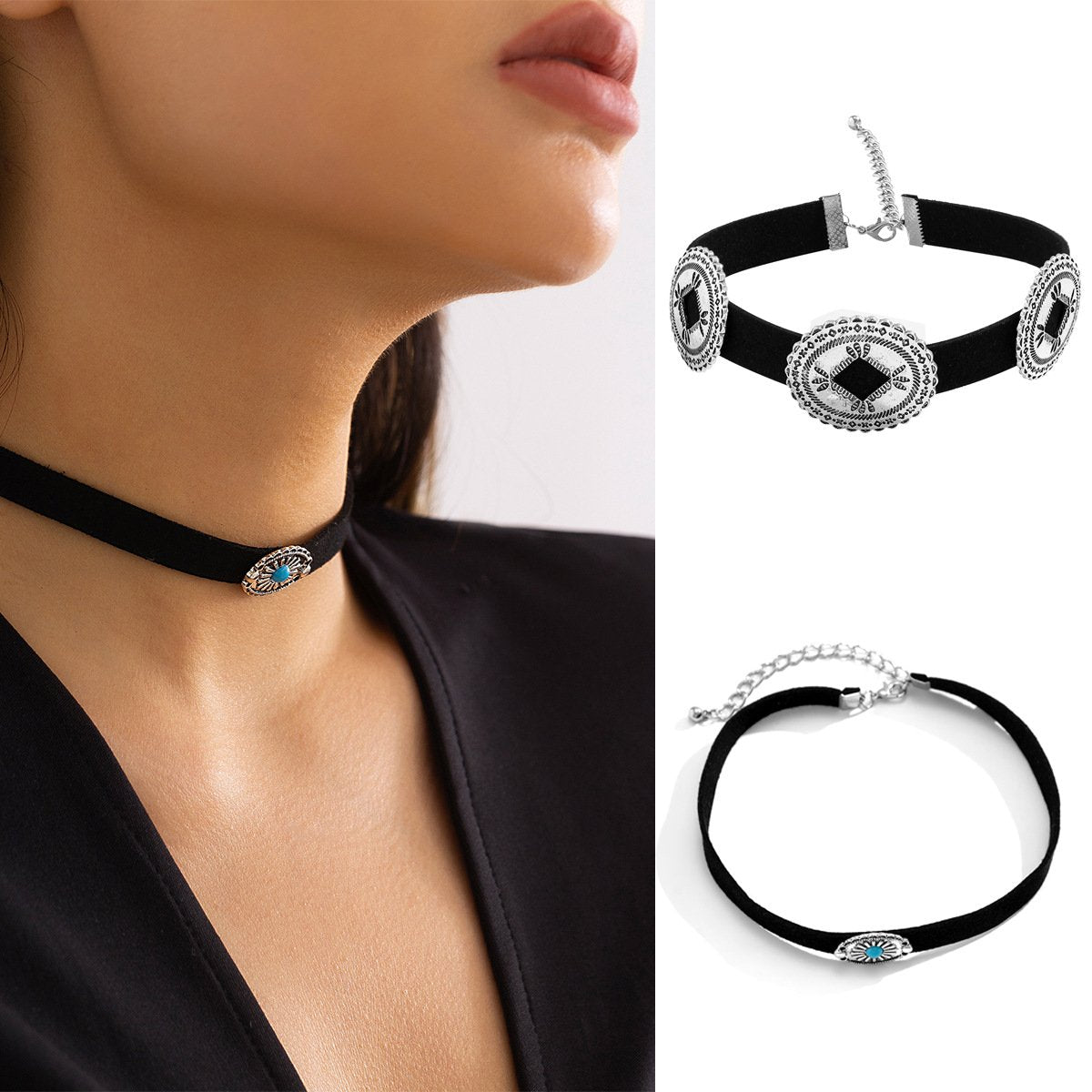 Retro flower plate alloy pendant velvet choker necklace femininity national turquoise single-layer choker necklace