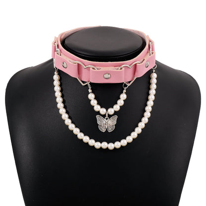 N1776 Exaggerated Leather Fashion Necklace Imitation Pearl Butterfly Girl Heart Pink Street Shot Necklace