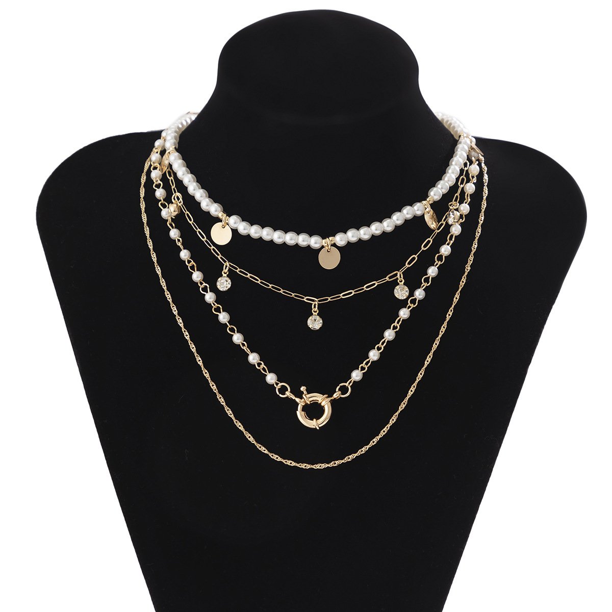Jewelry Double Stacked Cross Chain Necklace Mix and Match Multiple Imitation Pearl Sequin Tassel Necklace