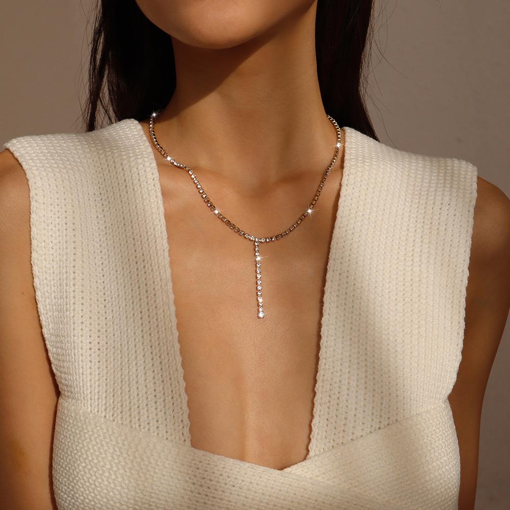 N9762 Fashion Simple Necklace Geometric Y-shaped Retro Full Diamond Necklace Personality Creative Necklace