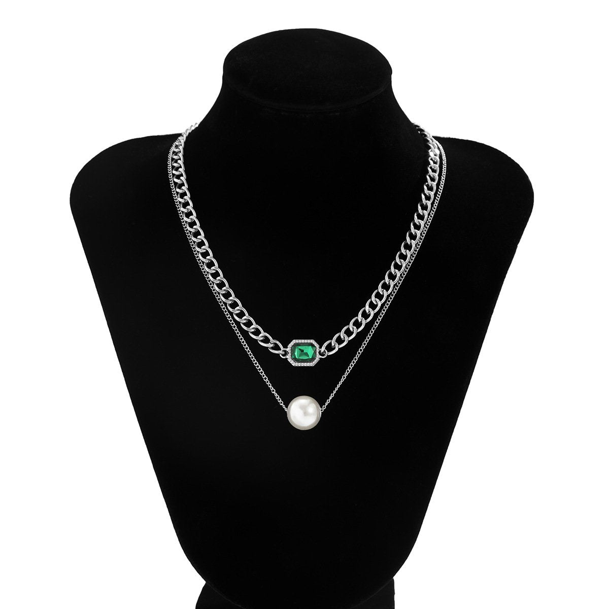 Jewelry imitation pearl thick chain mix and match necklace personality cold emerald double layer necklace