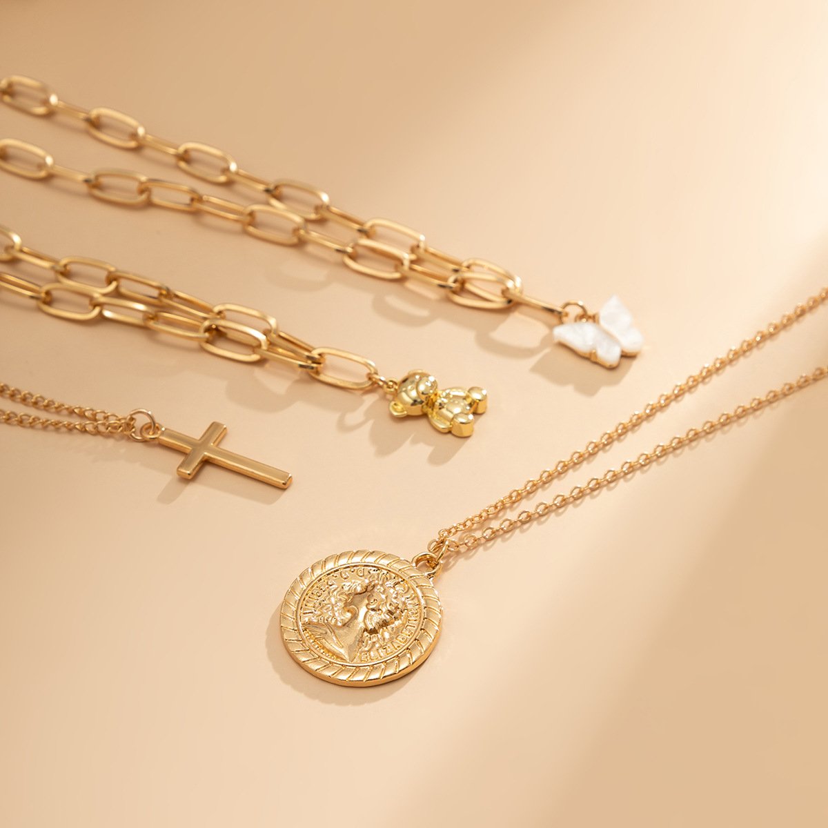 Jewelry Retro Portrait Tag Butterfly Necklace Women's French Style Stacked Cross Suit Necklace
