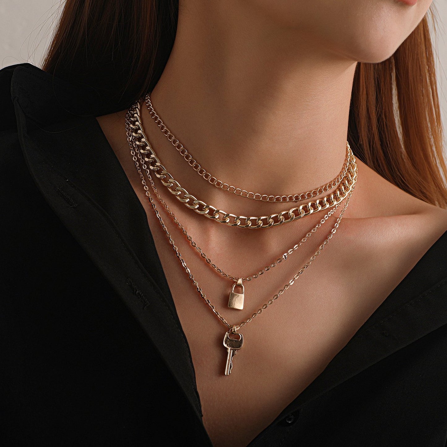 Jewelry popular key lock pendant necklace female punk retro exaggerated multi-layer necklace