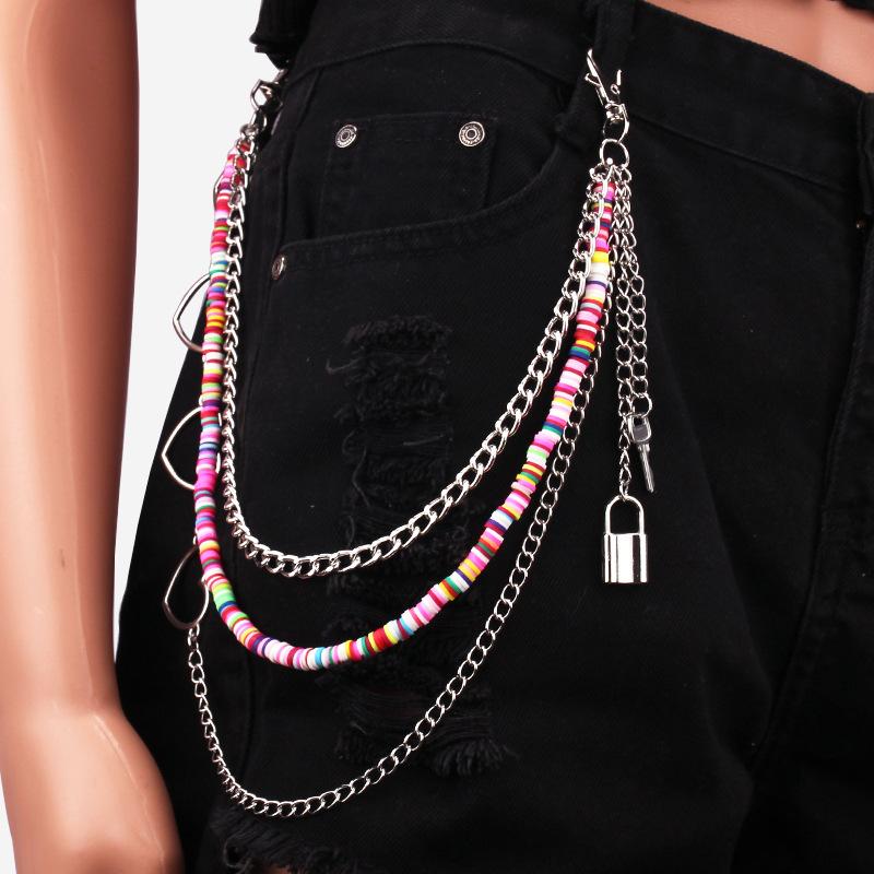 Peach heart multi-layer pants chain hip-hop trend padlock key pendant ins personality waist accessories