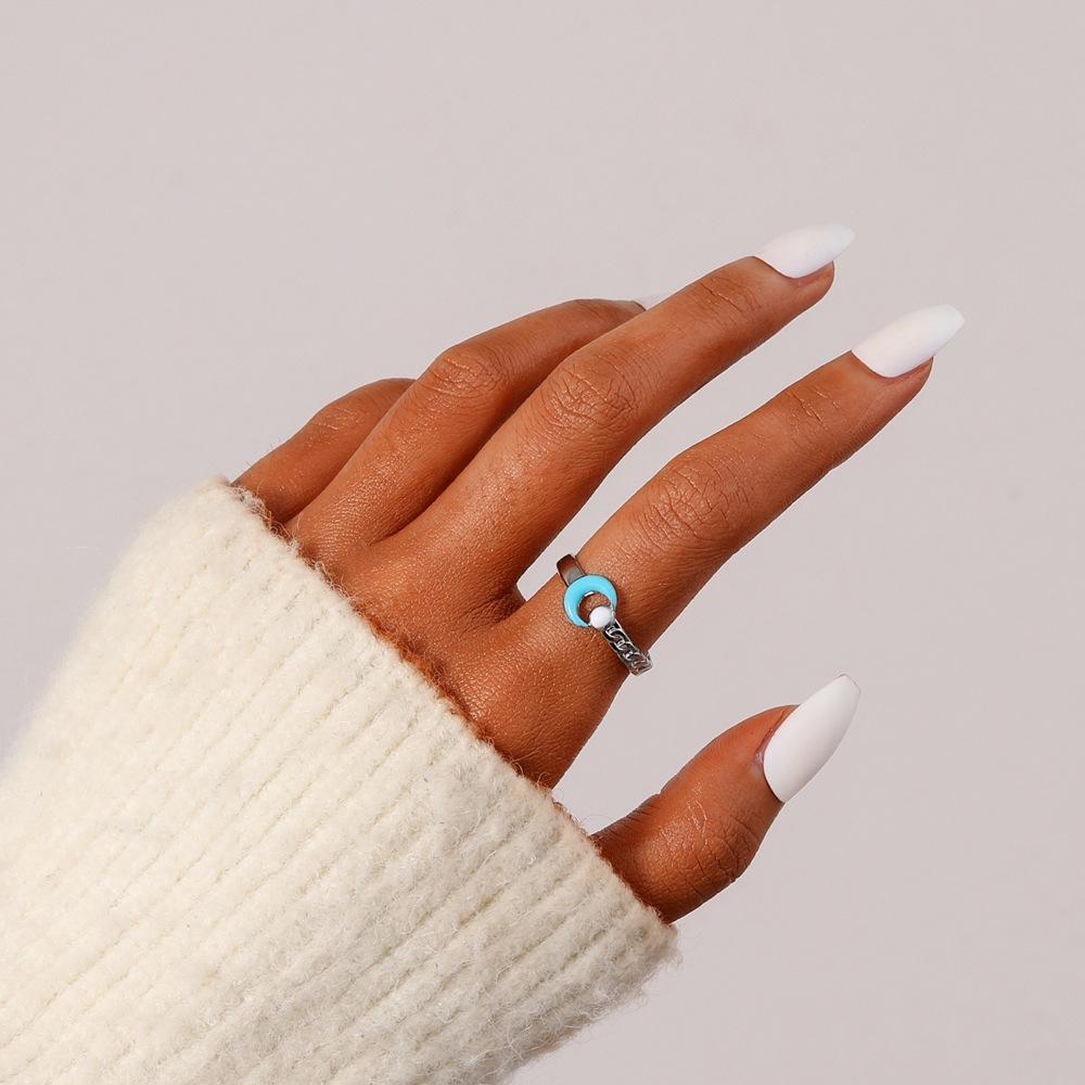 Simple fashion niche ladies stainless steel open chain stripe dripping oil moon adjustable ring