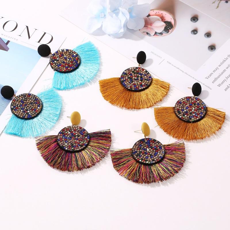 Earrings Fashion Color Diamond Scalloped Tassel Earrings Bohemian Exaggerated Retro Tassel Earrings