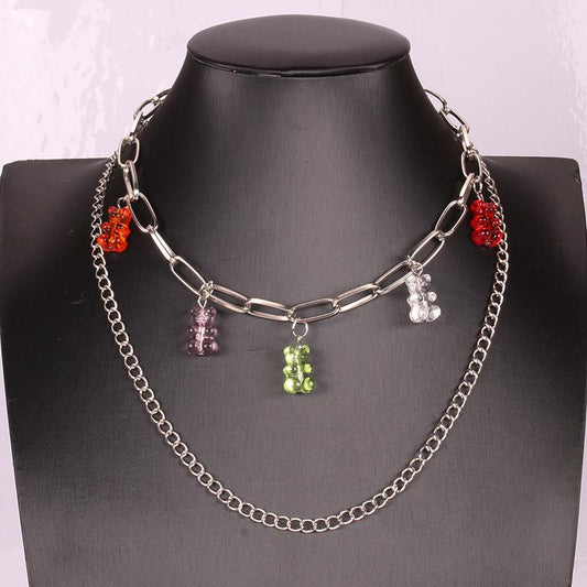 Candy-colored acrylic bear necklace street shooting hip-hop necklace trend youth multi-layer necklace