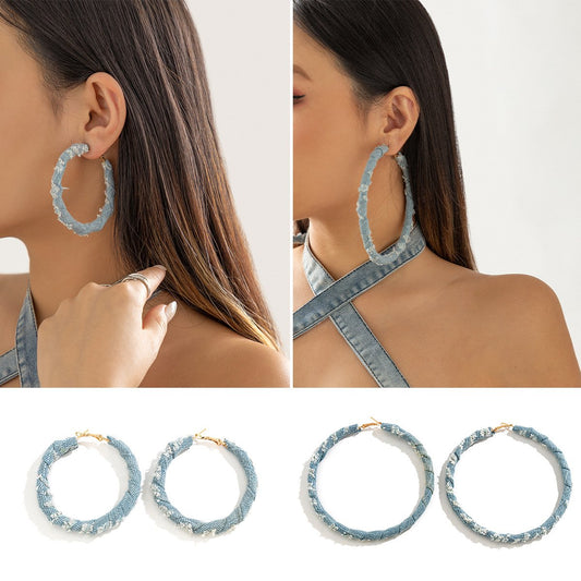 Jewelry Retro Exaggerated Denim Printed Cloth Earrings Earrings Female Simple Wrapping Ring Earrings