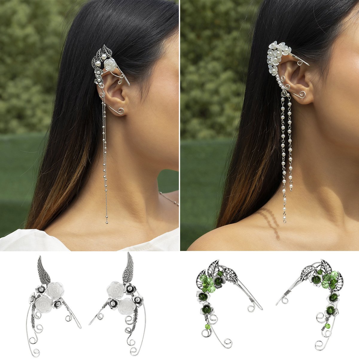 Retro temperament no ear piercing flower tassel ear bone clip female small crowd simple and irregular leaves branches and tendrils ear hanging