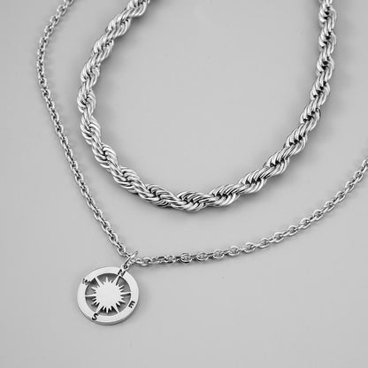 Light luxury niche titanium steel necklace male ins indifferent compass street clavicle chain double tide twist chain