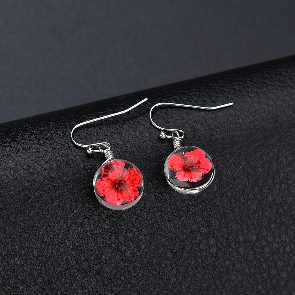 Retro Fashion Temperament Real Flowers Dried Flowers Crystal Ball Pendant Earrings Female Scenic Ethnic Jewelry