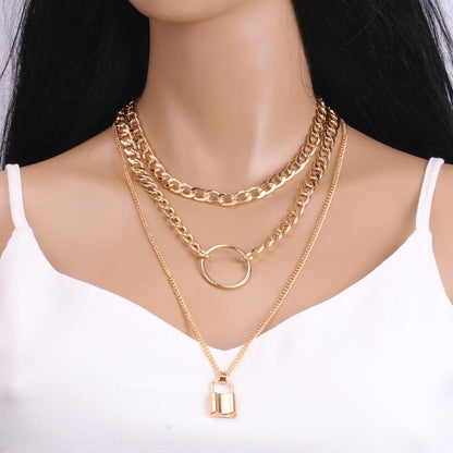 Big-name street shooting popular fashion metal lock pendant multi-layer women's necklace Amazon ring jewelry female