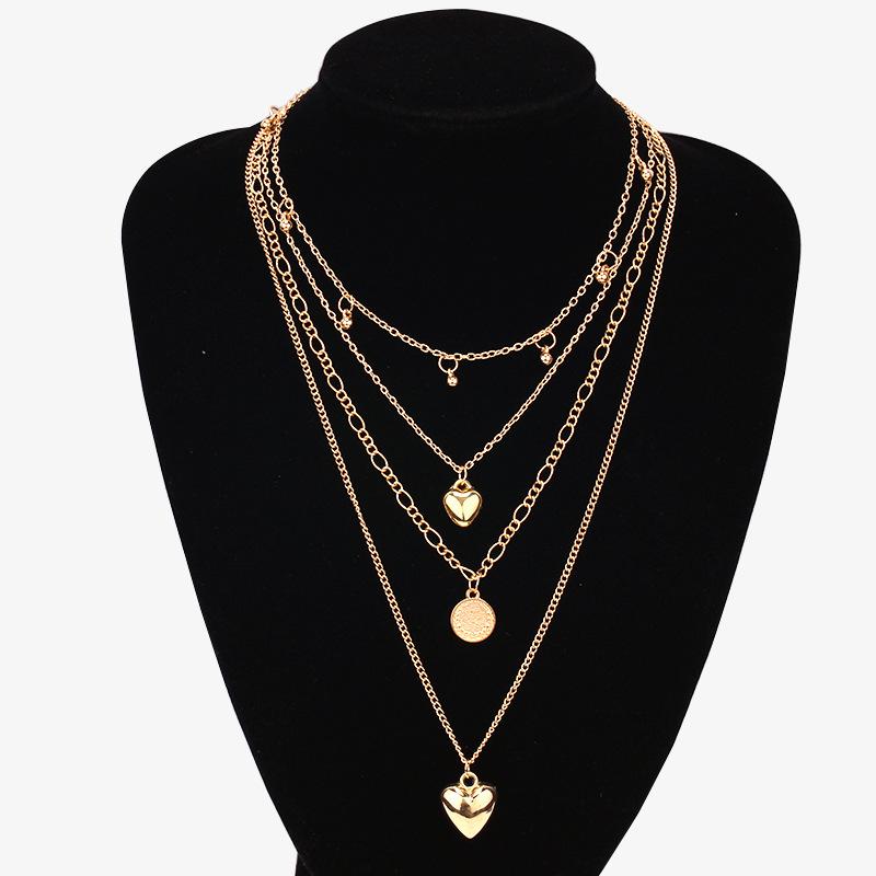 Trendy personality sequins peach heart pendant collarbone chain retro simple multi-layered necklace necklace