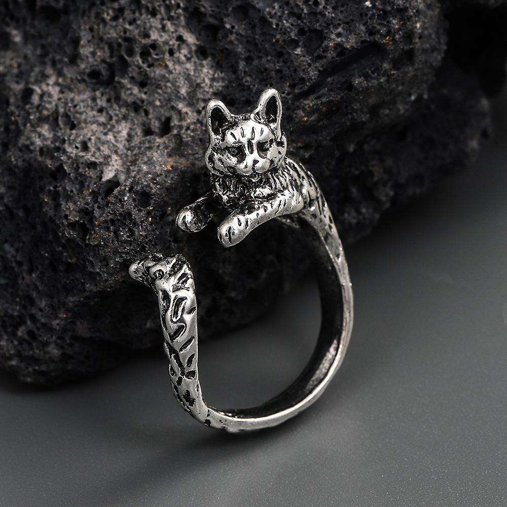 Gothic dark kitten ring male and female retro niche design opening geometric index finger ring animal ring