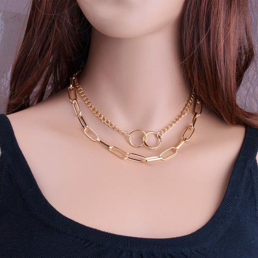 Jewelry Punk Retro Geometric Ring Chain Necklace Female Clavicle Chain Versatile Double Layer Set Chain