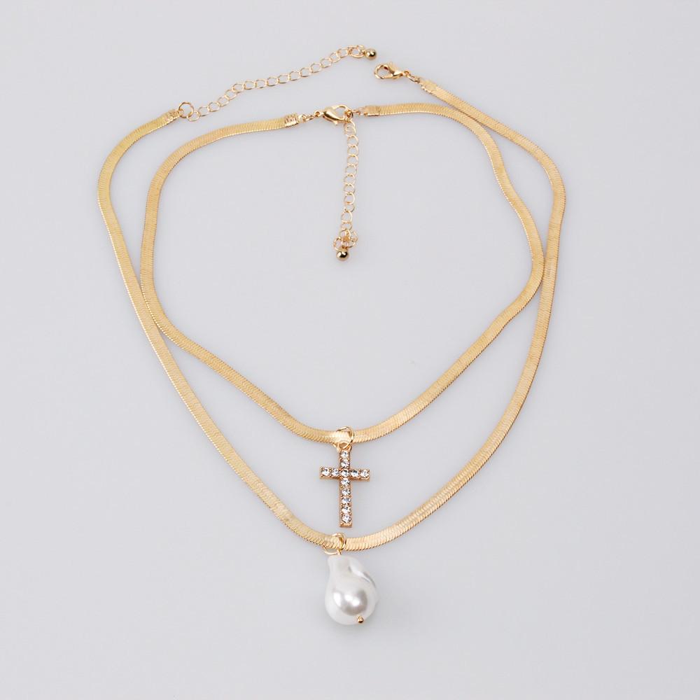 Necklace Jewelry Diamond Cross Shaped Pearl Baroque Copper Snake Chain Multilayer Necklace Clavicle Chain