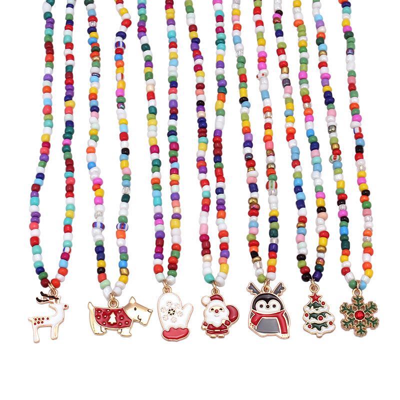 Christmas Ornament Fashion Drip Oil Pendant Christmas Tree Clavicle Chain Bohemian Colorful Handmade Rice Beads