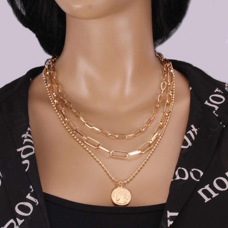 Temperament Metal Lamination Exaggerated Retro Portrait Coin Jewelry Trendy Temperament Hip Hop Metal Chain Clavicle Necklace