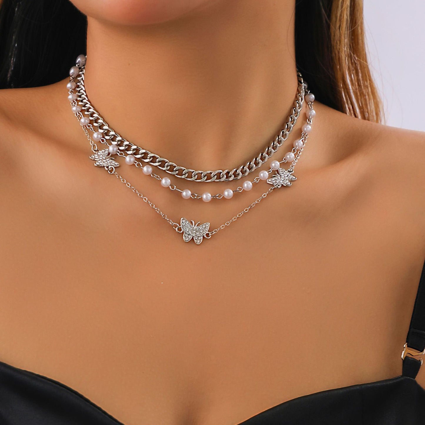 Jewelry Imitation Pearl Chain Mix and Match Stacked Necklace Temperament Full of Diamond Small Butterfly Multi-Layer Necklace Female