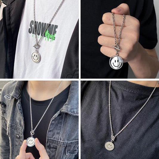 Trendy hip-hop rotating smiling face titanium steel necklace men and women with the same style ins simple retro personality expression pendant couple