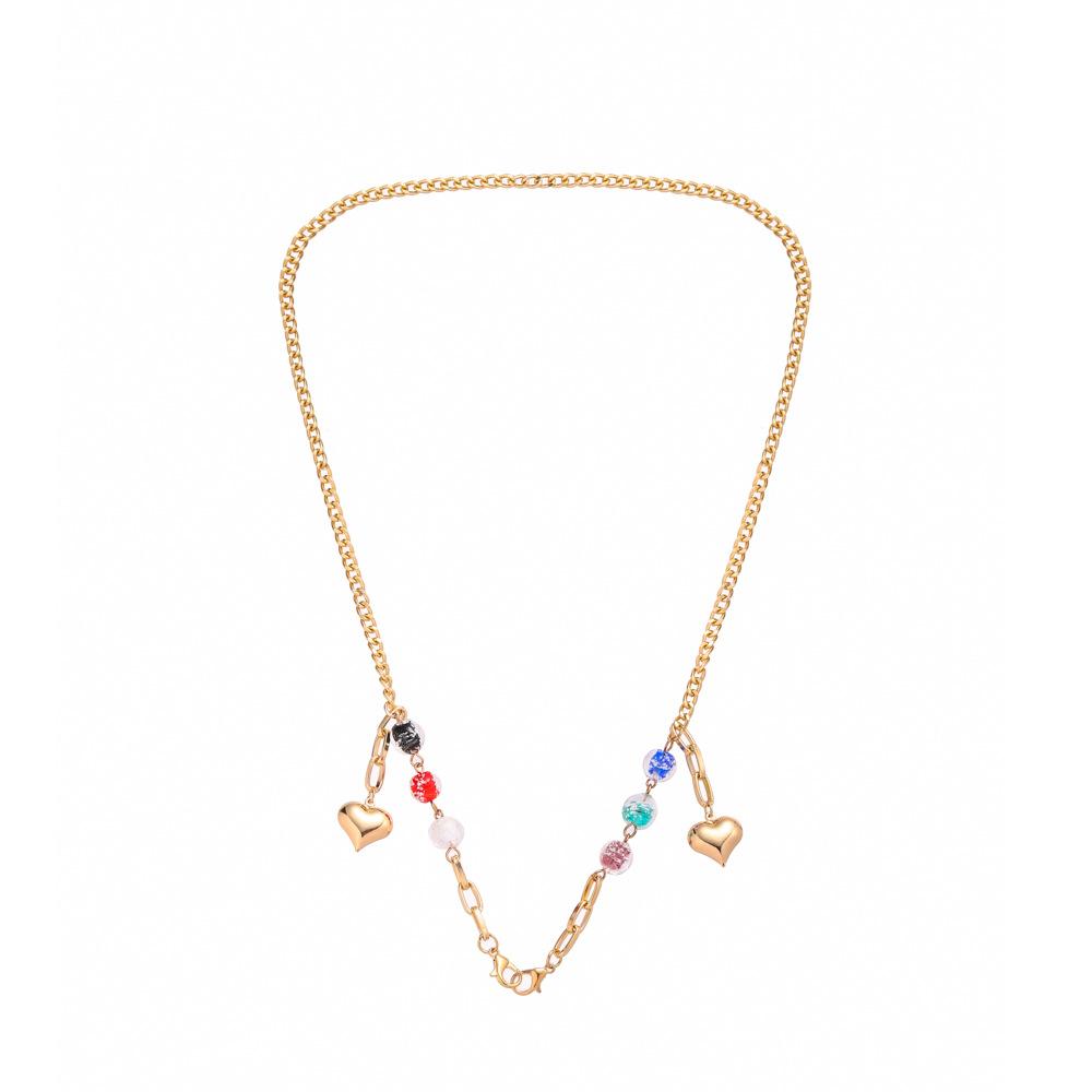 Fashion colored glaze glass beads heart-shaped mask necklace personalized colorful round beads peach heart glasses chain