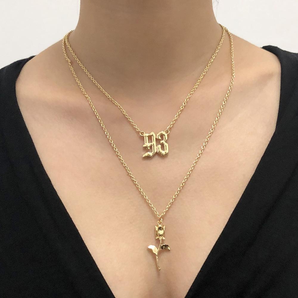 N8112 Jewelry Retro Creative Double Layer Digital Clavicle Chain Temperament Versatile Rose Fashion Necklace