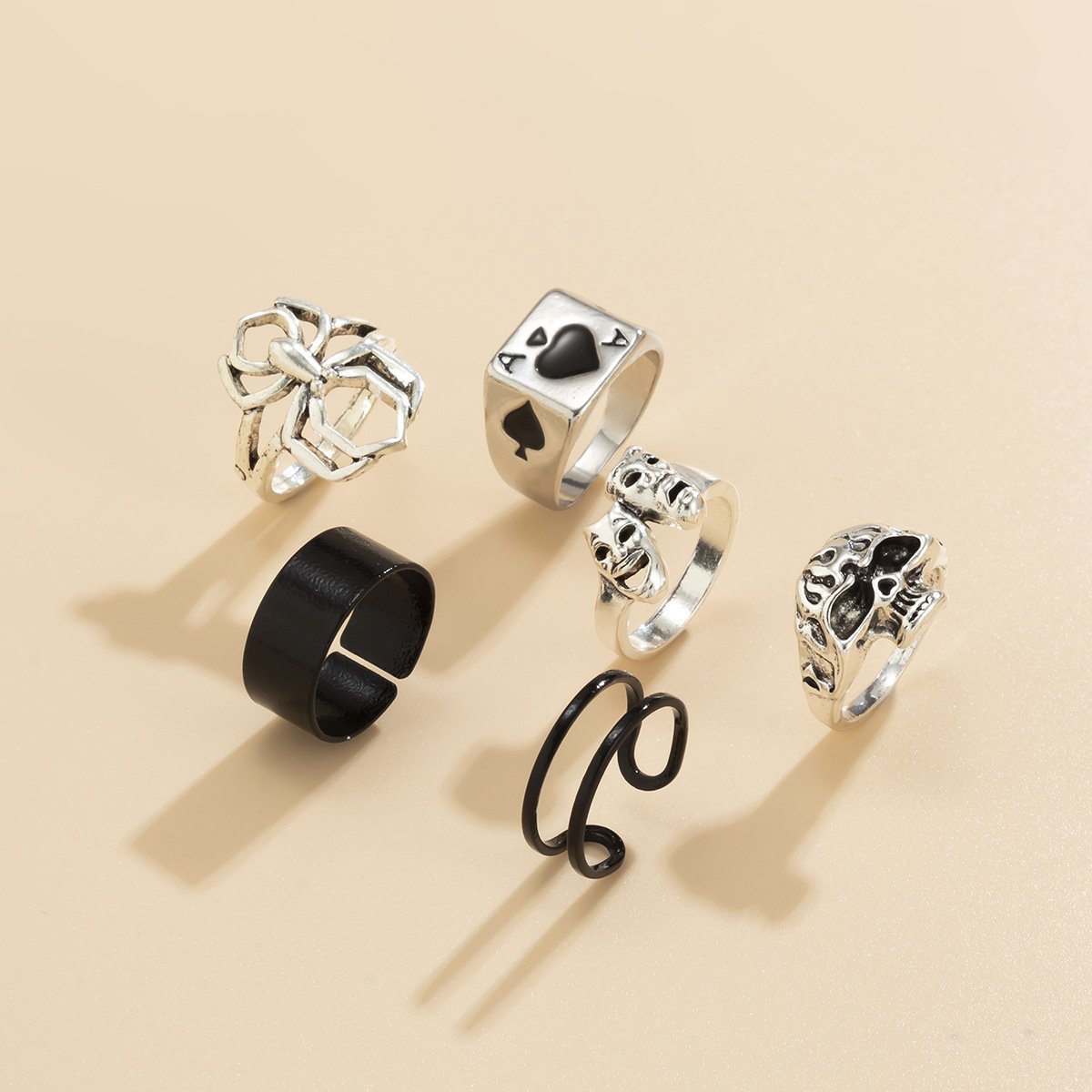 Jewelry Personality Dark Skull Mask Hollow Ring Set Hip Hop Geometric Spider Hand Jewelry Female