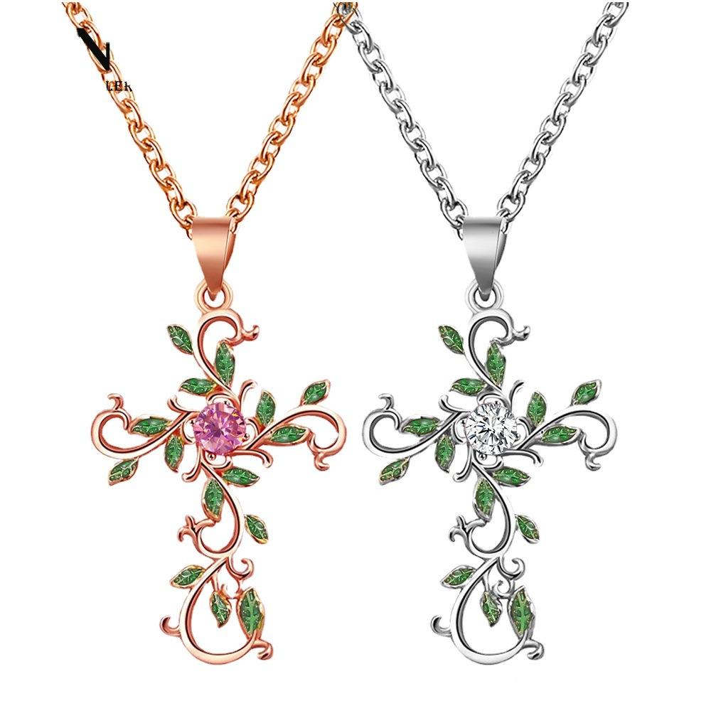 Personality Flower Cross Necklace Fashion Temperament Diamond-studded Leaf Clavicle Chain Simple Necklace Female