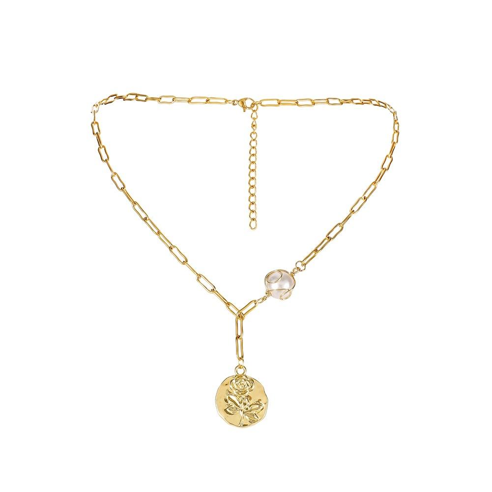 Popular French Retro Pearl Pendant Fashion Stainless Steel Cross Chain Rose Round Card Versatile Necklace for Women