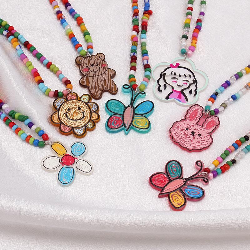 Colorful Beaded Necklace Cartoon Cute Niche Colorful Beaded Necklace Girl Heart Clavicle Chain Short Pendant