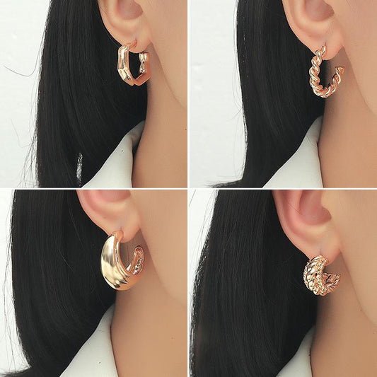 Ins geometric C-shaped hoop earrings female retro exaggerated personality metal braided earrings punk hip-hop earrings