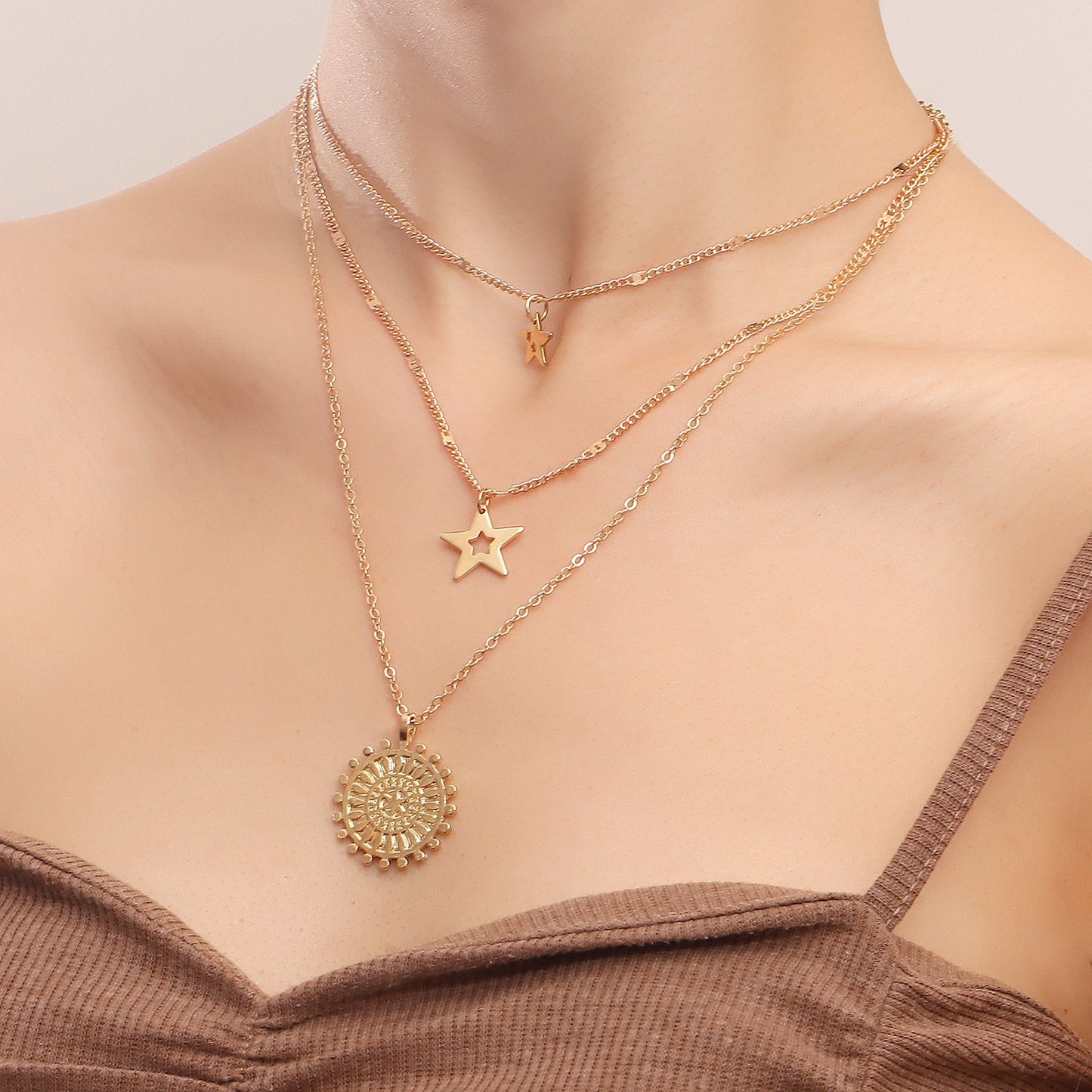 Jewelry punk multi-layer pentagram geometric pendant necklace female niche design high-end necklace
