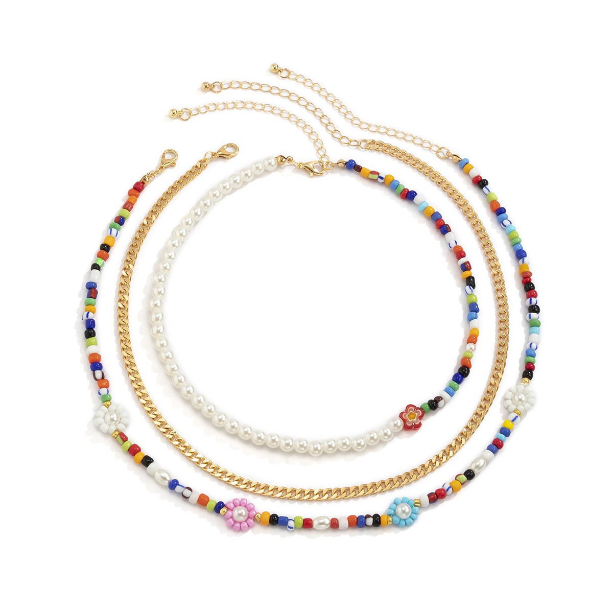 Hip Hop Sweet Cool Metal Chain Pearl Necklace Bohemia Small Daisy Flower Rice Bead Necklace