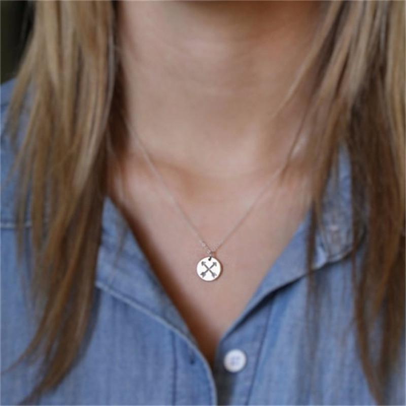 Crossed Double Arrows Clavicle Chain Circle Pie Pendant Necklace