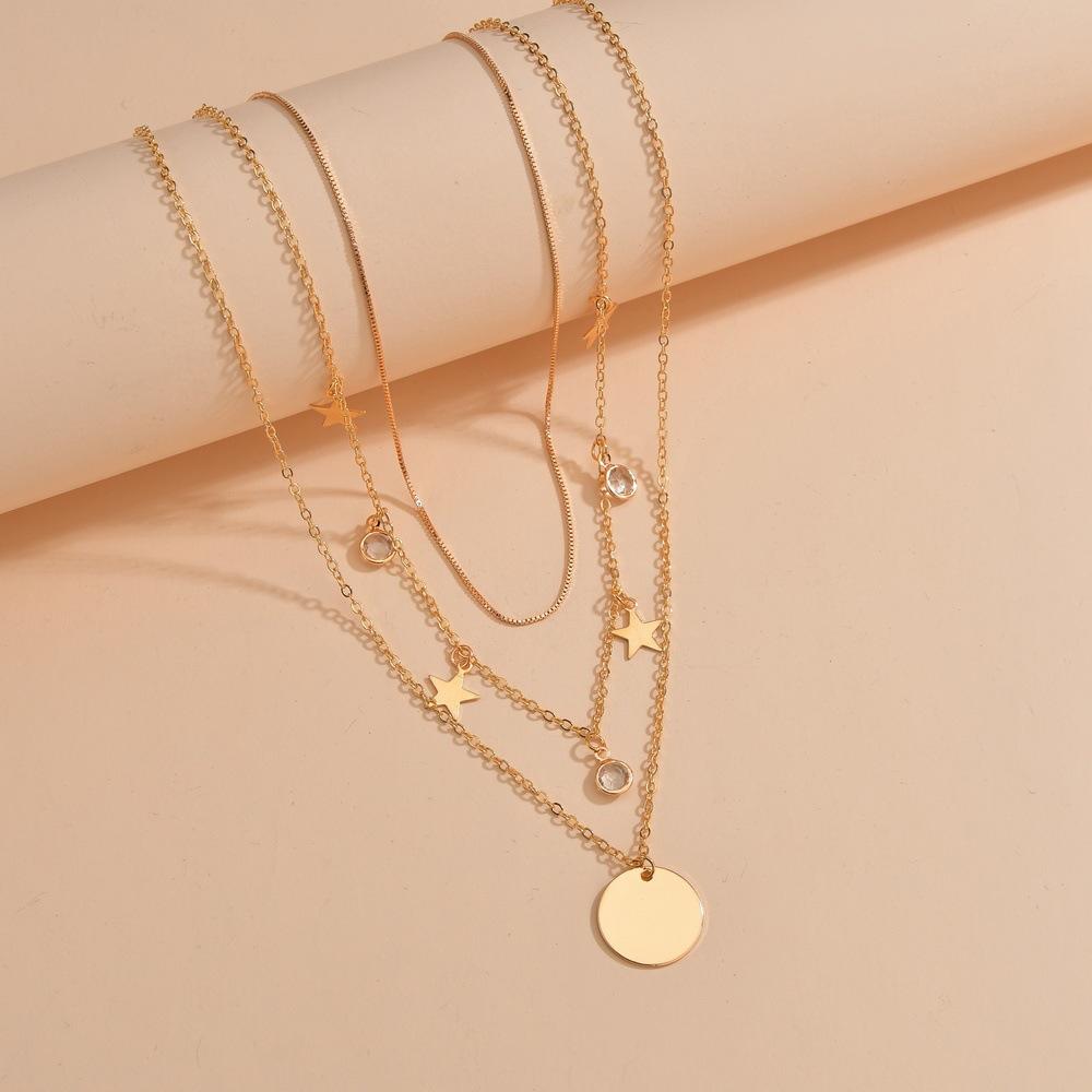 Fashion Pop Jewelry Women's Multi-layer Disc Rhinestone Star Pendant Necklace Combination