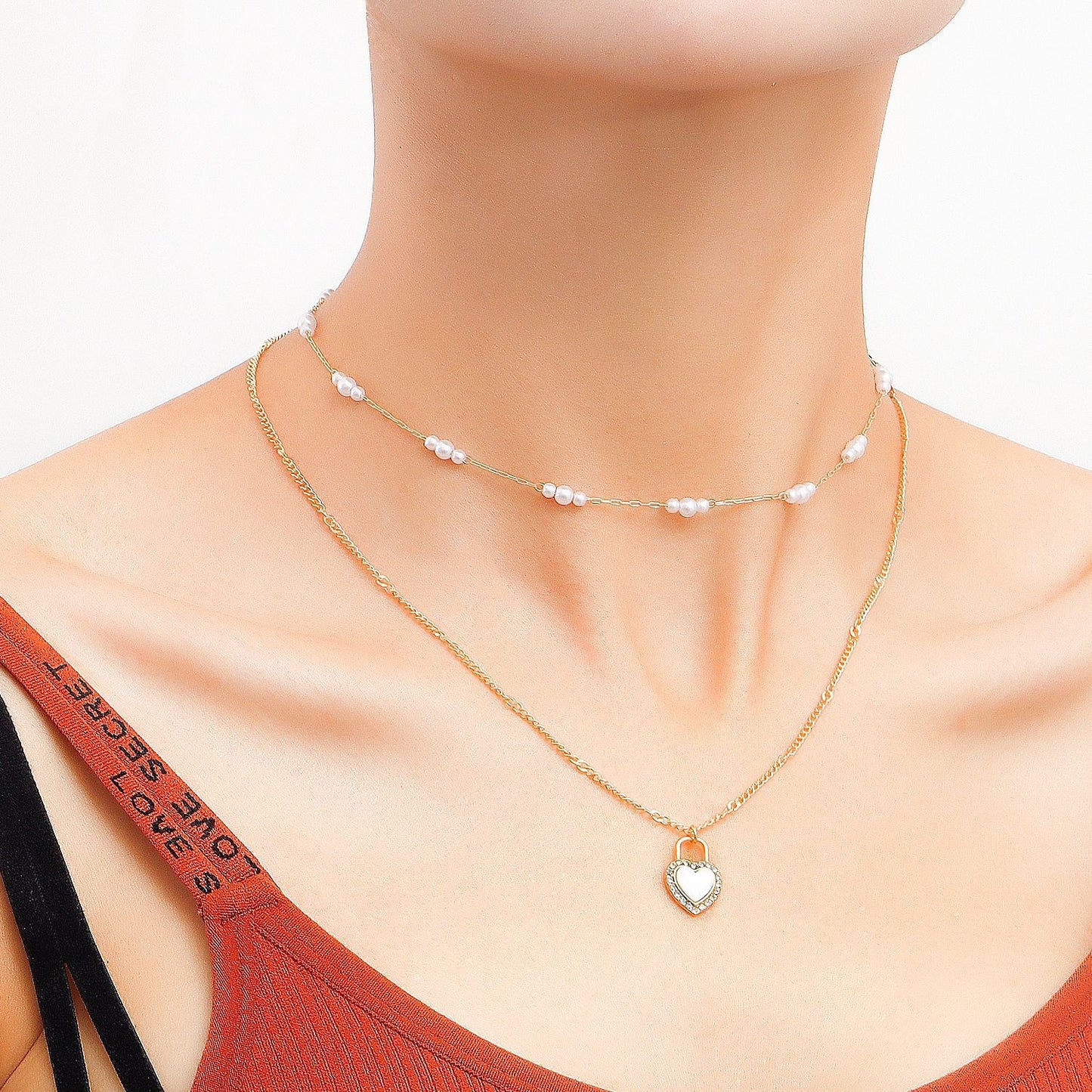 Jewelry Imitation Pearl Double Heart Pendant Necklace Sweater Chain Fashion Versatile Personality Design Necklace